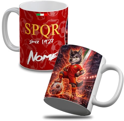 quickgadget Tazza in Ceramica Tifoso Roma Giallorosso con Mascot Lupa Calcio, Personalizzabile con Nome, Idea Regalo Uomo Donna, Gadget Sport Casa Ufficio Colazione