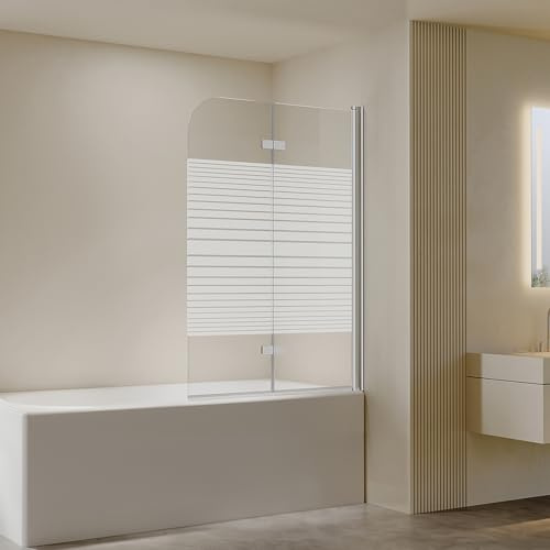 AmuseVera Duschwand für Badewanne Faltbar 2-teilig 100 x 140 cm Badewannenaufsatz Duschabtrennung mit Streifen Milchglas Badewannenfaltwand aus 6mm ESG Sicherheitsglas mit Nano-Beschichtung