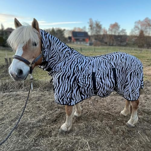 Brama-West Fliegendecke Zebra mit Halsteil für Pferde ZebraProtect - Pferdedecke gegen lästige Insekten mit Bauchgurten, Frontverschluss, Gehfalte und Schweiflatz - Atmungsaktive Insektendecke (115)