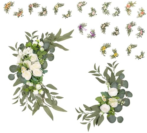 JORCEDI Künstliches Hochzeitsbogen Blumen Set, Künstliche Rosen, Lavendel, Eukalyptus, Florale Verzierungen für Willkommensschilder bei Hochzeiten (2 Stück/Set,Launchenpionie weiß)