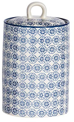 Nicola Spring Patterned Kitchen Canister - 1 Litre - Navy Porcelain Hand Printed Kitchen Storage Jar Airtight Biscuit Barrel for Biscuits, Oats, Tea, Coffee