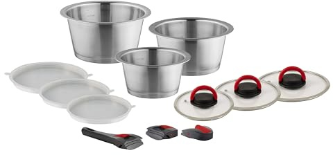 QUICK CLACK PRO Topfset 12-tlg, abnehmbarer Griff, Edelstahl 18/10 | Das 12-teilige Set umfasst 3 Töpfe, 3 Griffe und 6 Deckel – stapelbar, spülmaschinenfest und induktionsgeeignet