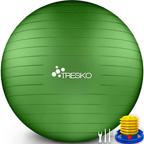 TRESKO Gymnastikball mit GRATIS Übungsposter inkl. Luftpumpe - Yogaball BPA-Frei | Sitzball Büro | Anti-Burst | 300 kg,Grün,65cm (für Körpergröße 155 - 175cm)