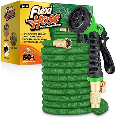 Flexi Hose Upgraded Extendable Garden Hose Pipe - 8 Function Spray Gun - Extra Strength & Solid Brass Fittings - No-Kink Flexible Water Hose for Spring/Summer (Green, 15 Metres)