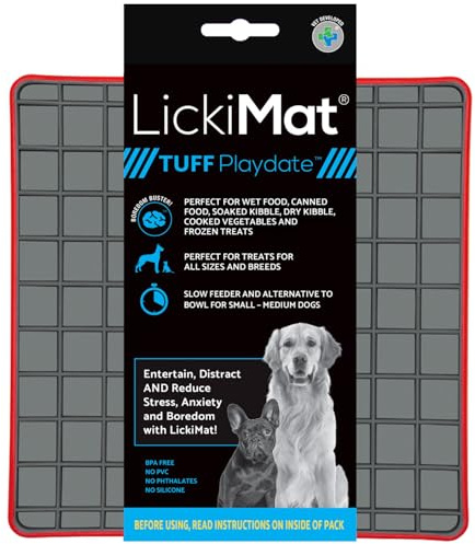 LICKIMAT Tuff, robuste Spieldatum-Leckmatte, Langeweile, Angstlinderung, perfekt für Futter, Leckereien, Joghurt oder Erdnussbutter, lustige Alternative zu einem langsamen Fressnapf, Rot