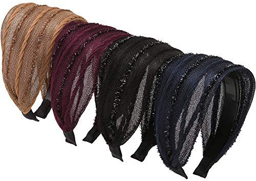 Loneedy, breites Haarreif mit Zähnen für Damen, mit Plissee-Tuchgewebe, Haarband für Mädchen, Accessoire, 4 Stück