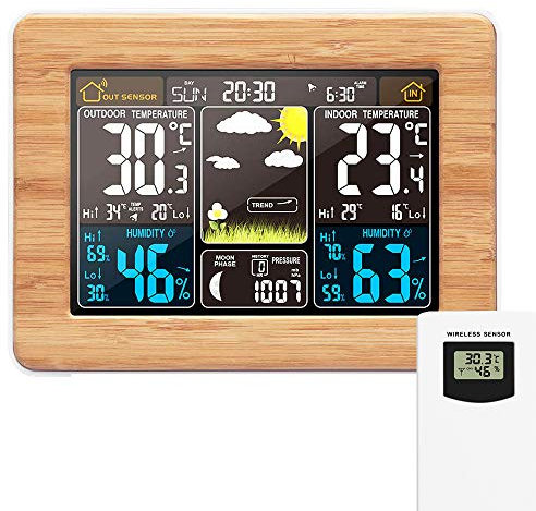 Wireless Weather Station Digital Colorful Weather Forecast Clock with Outdoor Sensor Indoor Outdoor Thermometer with Time Date Temperature Humidity Barometer Alarm Moon Phase Display Weather Clock