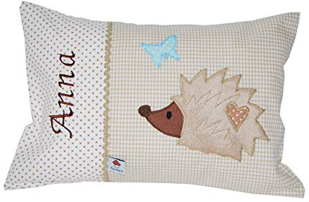 Glückspilz Namenskissen Babykissen I Igel I mit Namen personalisiert I Geschenk zu Geburt, Taufe oder Geburtstag I Beige Braun (40 x 60 cm)