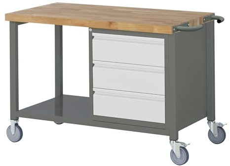 STIER Fahrbare Werkbank Premium, 3 Schubladen, 125x70x88cm, pulverbeschichteter Stahl & Buche