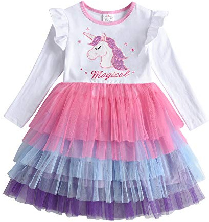 DXTON Vestito da Ragazza Principessa Unicorno Abito Bambina Festa Manica Corta Tulle 2-8 Anni