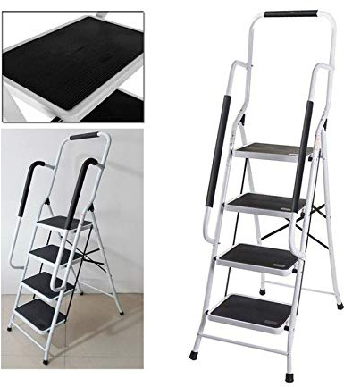 Escalera de tijera de 4 peldaños con pasamanos plegable, acero de alta calidad, ligera, plegable, hasta 150 kg