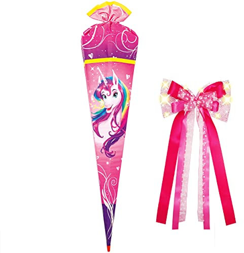 Stoff Schultüte Motiv + Größe + Zubehör wählbar 85/70 cm - inkl. LED LICHT - Schleife - Holzspitze - Zuckertüte - Stoffabschluß - Roth 6 eckig rund - Mä..