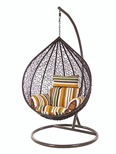 KIDEO Komplettset: XXL Hängesessel mit Gestell & Kissen,Korbsessel, Poly-Rattan, braun, groß (Kissen: Nest gestreift [8640 Retro Stripes])
