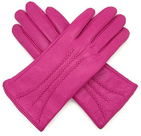 Damen-Handschuhe, sehr weich, Kunstleder, gefüttert, gestreift, schmale Passform, Größe S, Magenta Pink