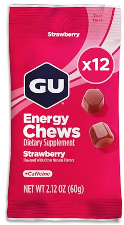 GU Energy Chews, Strawberry 12 x 60g - 90 Calorie Energy Gummies with Carbohydrates, Caffeine, BCAAs and Electrolytes - Pre-Workout Fuel for Running, Cycling, Triathlon and Endurance Sports