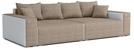 FEDVE Rio Couch Big Sofa mit Schlaffunktion | 300x140 cm | Modernes, ausziehbares Sofa im LOFT-Stil | Praktische Bettkästen| Perfekt für Wohnzimmer und Schlafzimmer, Beige + Weiß