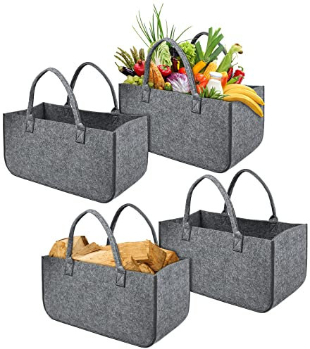 YRHome 4 Stück Kaminholztasche Filz Tasche Filztasche Filztaschen Faltbar Shopper Kaminholz Einkaufstasche Spielzeugtasche bis zu 30KG 50 x 25 x 25 cm Hellgrau