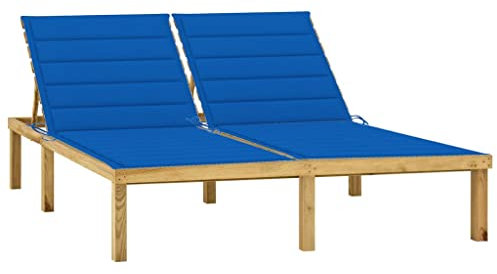 YITHOPI Rustikal Doppel-Sonnenliege,Holz Sonnenliege,Liegestuhl,Gartenliege,Rückenlehne Verstellbar,für Terrassen,Veranden,Hinterhöfe,Balkone,Pools,mit Königsblauen Auflagen Kiefer Imprägniert