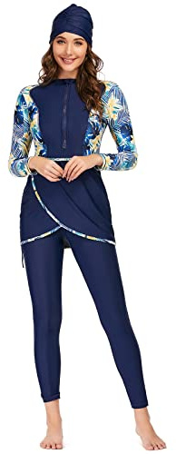 Odizli Burkini Damen Muslim Full Cover Schwimmanzug Islamisch Langarm Schwimmoberteile Built in Bra+Schwimmhose+Hijab 3tlg Modest Bademode