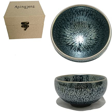 Apingjenz Bloom Tenmokus Tea Cup 130ml,Chinese Jianzhan Tea Bowl Iron Clay Natural Ore Glaze Fired in Kiln Porcelain Mug Gift Box