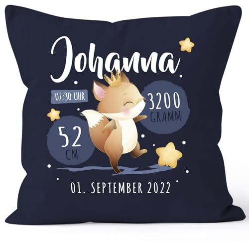SpecialMe® Kissen-Bezug Geburt Jungen Mädchen Fuchs personalisierbares Geburtskissen Tiermotive Geschenk Navy Standard