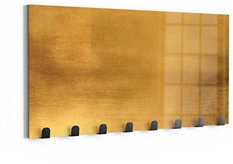 DEQORI Wandgarderobe Glas & Metall | Motiv Gebürstetes Goldblech | 60x30 cm | Design Haken-Leiste modern | Garderoben-Paneel für Flur, Wohnzimmer & Schlafzimmer | magnetisch & beschreibbar