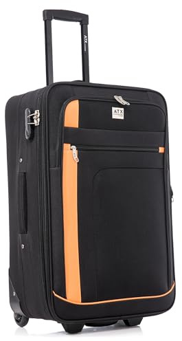 ATX Luggage Medium Suitcase Expandable Soft Shell Durable Lightweight Hold Check in Trolley Case with 2 Wheels & Built-in 3 Digit Combination Lock (Black/Orange, 79 Liter)