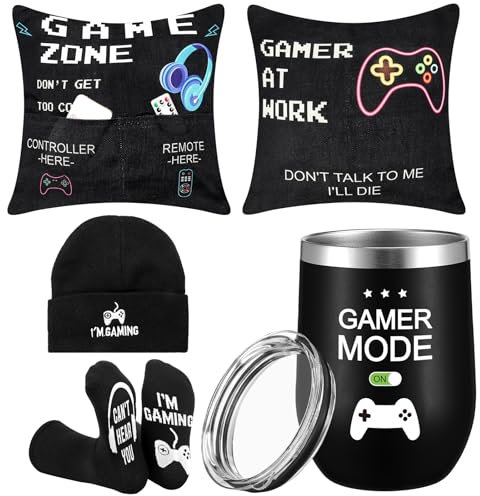 Liitrsh 4 Stück Weihnachtsspieler Geschenke für Gamer Wurfkissenbezüge mit Taschen Gaming Socken Beanie Tumbler mit Deckel Osterkorb Stuffers Raumdekoration für Männer Teenager Teenager Jungen Mädchen