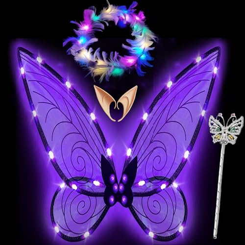 Sunshine smile Feenflügel Leuchtend Erwachsene,LED Haarreif and Sterne Feenstäbe,Elfenflügel Damen,Led Flügel,Schmetterlingsflügel,Feenflügel Glitzernde Engelsflügel