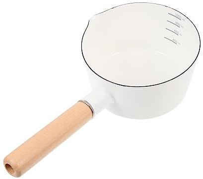 Japanese Style Enamel Sauce Pan with Wooden Handle White | Heat Resistant Milk Pot for Stewing Soup and Coffee, School Season Decor, Baby Milk Pan