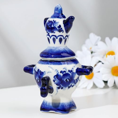 AEVVV Auténtica figura de Samovar de porcelana Gzhel, decoración tradicional rusa azul y blanca