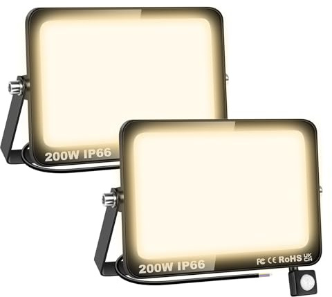 AUXTINGS 200W Faretto Led da Esterno con Sensore di Movimento,Faretti Led Esterno 18000LM,Bianco caldo 4000K Fredda Faro Impermeabile IP66 Interno per Giardino Garage parete Cortile Tetto,2 pezzi