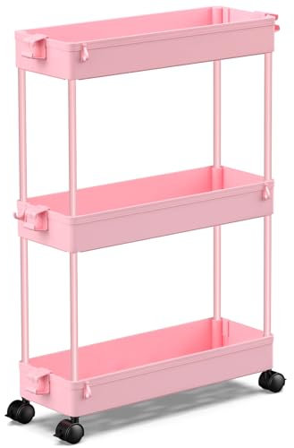 SPACEKEEPER Slim Rolling Storage Cart, 3 Tier Bathroom Organizer Utility Cart Laundry Room Organization Mobile Shelving Unit for Kitchen, Bathroom, Office, Bedroom, Narrow Places, Pink
