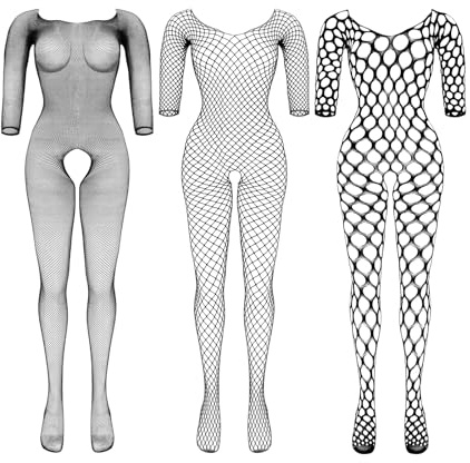 BOARDFEB 3 Packs Women Fishnet Bodysuits Mesh BodyStocking Fishnet Lingerie Long Sleeve Bodysuits One Piece Jumpsuit, Black