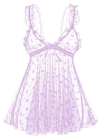 KFLY Women Babydoll Lingerie Set Dress Nightwear Sexy Sleepwear Nightdress | Flower Print Polka Dots Bowknot See Through Lace V Neck with Cutout Thong