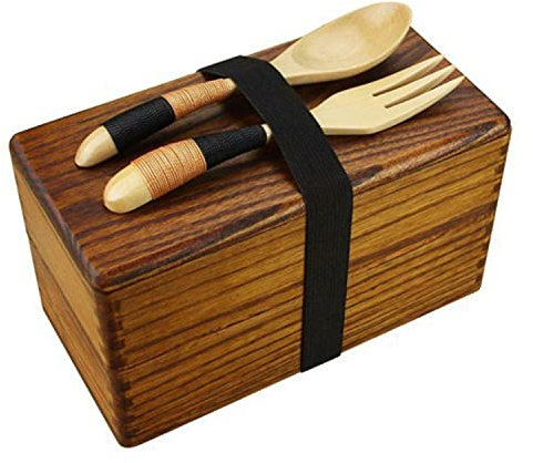 WEYFH Fiambrera de Madera, Caja Bento Japonesa, contenedor de Comida portátil para Picnic y Sushi de Doble Capa con Tenedor, Cuchara para Viajes, Camping y Escuela