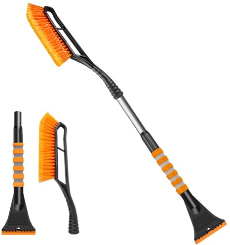 Spatola per Ghiaccio Auto 2 in 1, Raschietto Ghiaccio Auto con Spazzola da Neve, Spazzola per Pala Antigraffio Parabrezza Asta con Telescopica Impugnatura Rimovibile per Auto SUV Camion (Arancione)