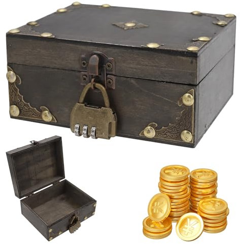 Vintage Mini Coffre Tresor Boite Bois Avec Serrure à Combinaison, Petit Coffre Au Trésor Vintage Pirate, Boite Avec Cadenas, Boîte à Bijoux, Coffre Au Trésor Pour Anniversaire d'Enfant, Tirelire Avec