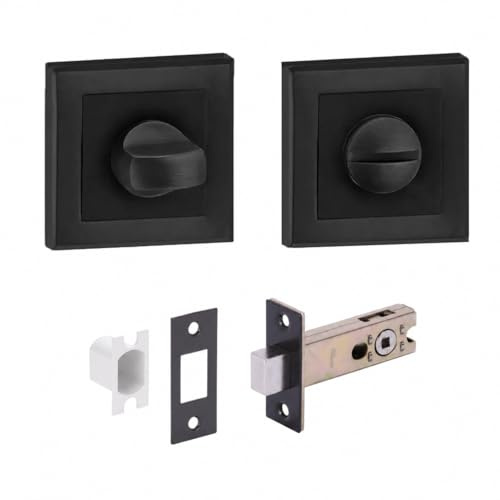 HANDLEZONE® Deluxe Square Rose Bathroom Toilet Door Thumb Turn and Release Deadbolt Kit – Black Matt – 76mm Bolt with 57mm Backset