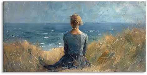 Paul Sinus Wandbild 120x60cm – Friedvolle Betrachtung des Meeres, stimmungsvolles Leinwandbild einer Frau in nachdenklicher Pose mit Blick auf das Meer