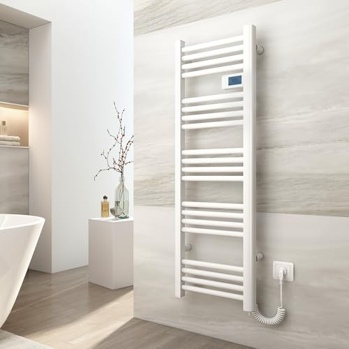 EMKE Seche Serviette Electrique 120 x 40 cm,Blanc,450 W | Radiateur salle de bain avec Contrôleur d'affichage numérique, droit Sèche-serviettes électrique
