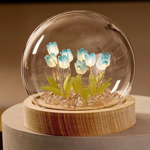 GL-Turelifes Crystal Ball Tulips Night Light, Glass Ball Flowers Night Lamp with Wooden Base, Women Tulips Gifts Birthday Valentine Flowers Gifts for Mom Girlfriend Sister Wife Her (Blue)
