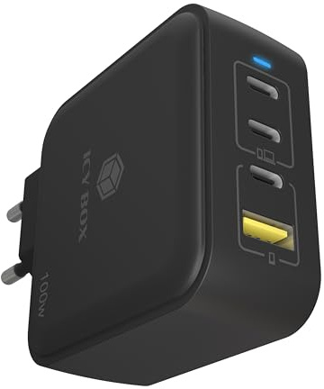 Cargador ICY BOX GAN de 100 W – 3 Puertos USB-C y 1 Puerto USB-A, Power Delivery 3.0, Carga rápida, Compacto y Ligero, para Smartphones, tabletas y portátiles, Modelo IB-PS1040-PD.