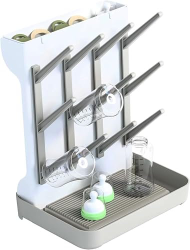 SuoXing Vertical Baby Bottle Drying Rack,Space Saving Countertop Baby Drying Rack for Bottles,Large Baby Bottle Station Stand,Bottle Rack Dryer for Brushes,Pacifiers,Baby Accessories Organizer,Grey