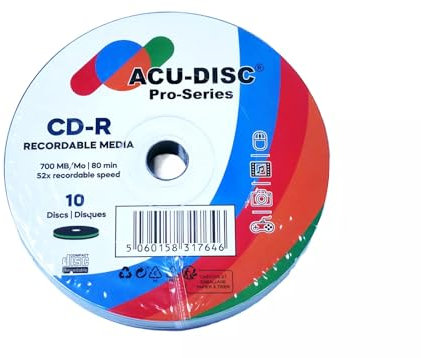 ACU-DISC Pro-Series CD-R80 700MB 52x 80min Blank Discs UV Protection Hard Coat Anti-Scratch Surface – Perfect for Photos & Videos – Compatible with Any CD Drive 17646 – 10 Pack