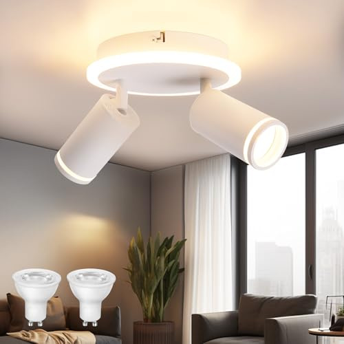 URing LED Deckenstrahler 2 Flammig Schwenkbar Deckenlampe Weiß, Rund | Deckenleuchte Srahler mit Unteres Glühen 6W+2x5W GU10 LED, 3000K Warmweiß, Modern Deckenspot Lampe für Küche Wohnzimmer Flur