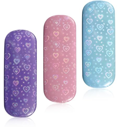 3 st glasögonfodral med hårt skal för kvinnor flickor, bling hjärta PU-läderglasögonfodral passar de flesta glasögon och solglasögon, Lila blå rosa, en storlek