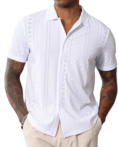 CTU Mens Short Sleeve Shirt Button Down Cuban Collared Shirts Casual Summer Beach Shirt White