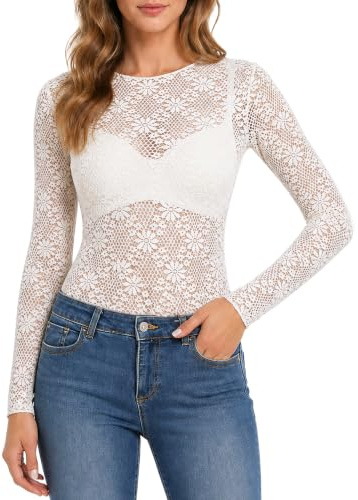 Nätöverdelar, transparent spets, nättopp, sexig nättopp, långärmad skjorta, transparent blommönster, blus, toppar, Y2K Rave outfit, Vit, XL