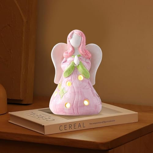 Betende Engel Figur mit LED Licht, Beleuchtete Schutzengel Figur aus Keramik, Leuchtende Engel Nachtlicht für Kinder, Geschenke für Frauen, Tischdeko für Thanksgiving, Weihnachten, Heimdekoration (B)